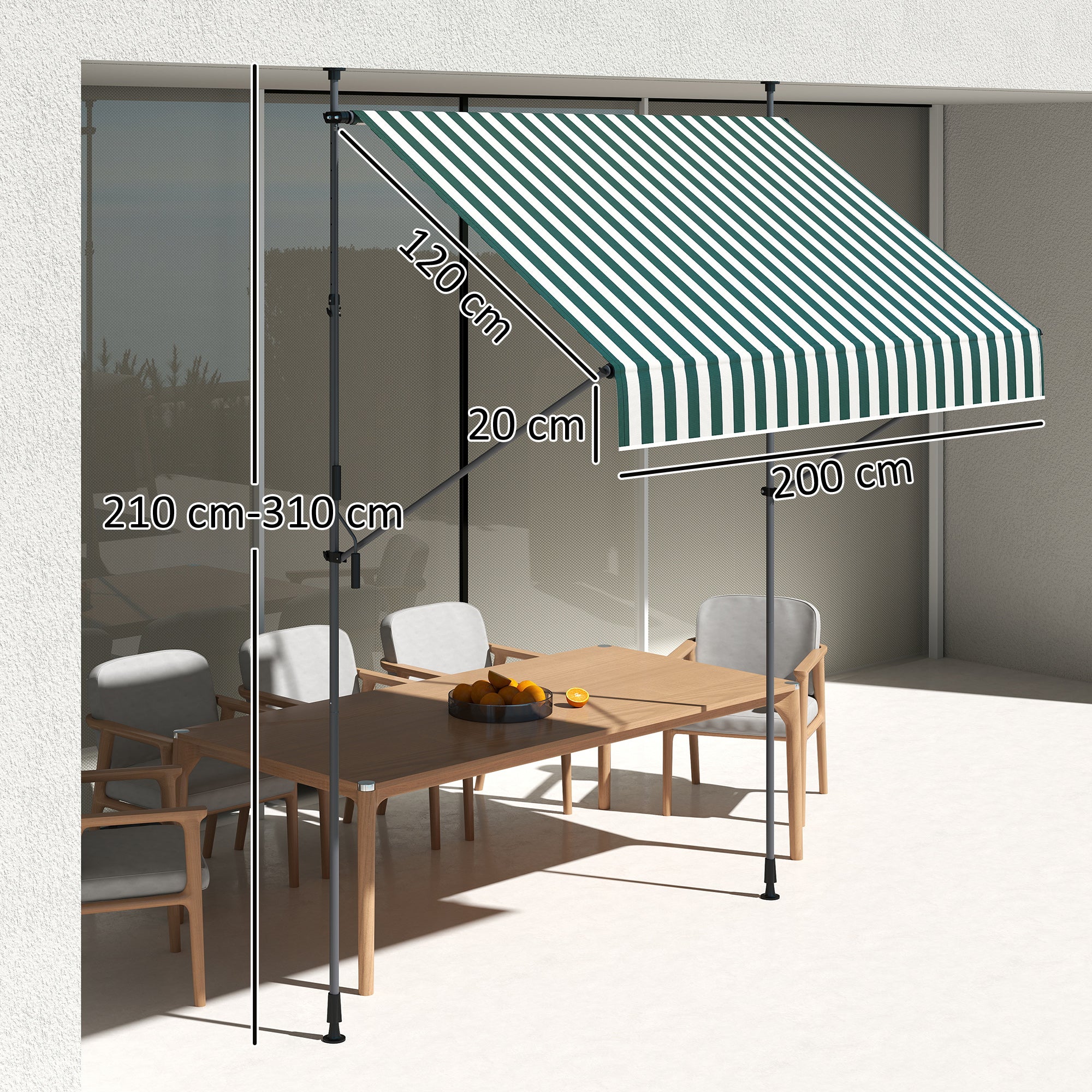 Tenda da Sole a Manovella Autoportante 2x1,2 m in Poliestere Verde e Bianco