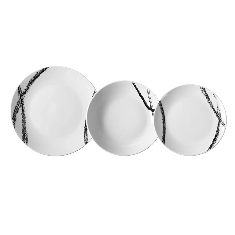 Trade Shop - Servizio Di Piatti Da Tavola In Porcellana 18pz Design Linee Grafiche Nere Stile Astratto -