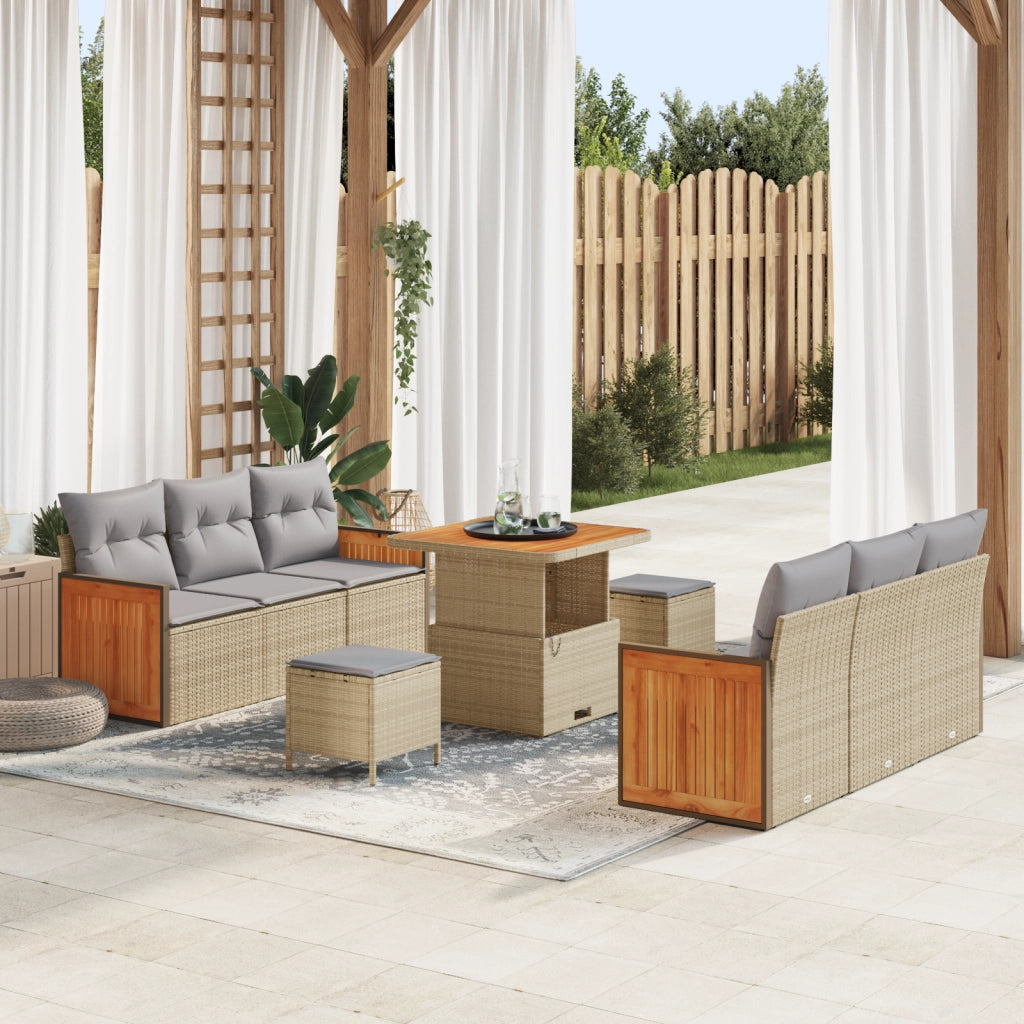 Set di divani da giardino 9 pezzi con cuscini Beige Polyrattan Acacia