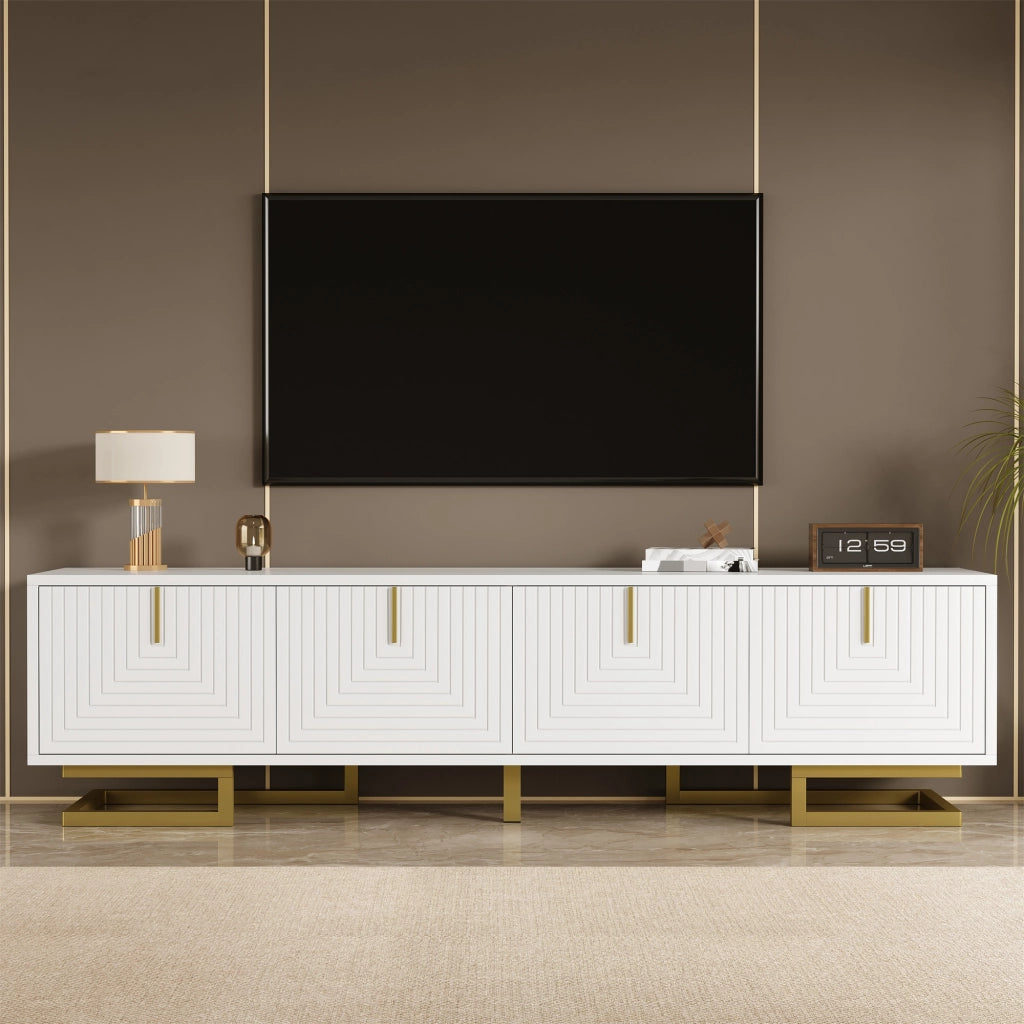 OKWISH Mobile TV con 4 Ante e Ripiani Interni, Cerniere Ammortizzate e Piedini Regolabili, per Soggiorno, Bianco, 160 x 38 x 44,5 cm