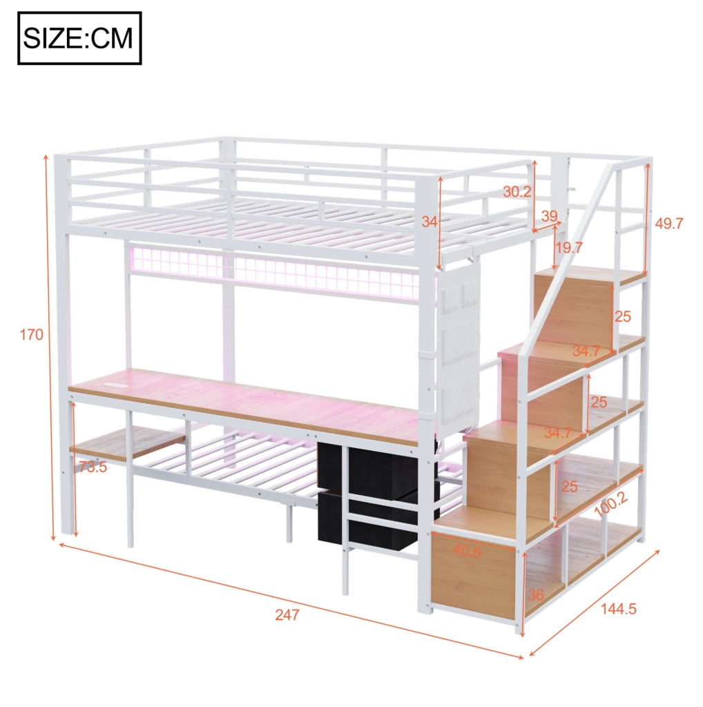 Letto a soppalco multifunzione 140x200/90x200 cm con scrivania; LED; prese e contenitori in metallo e MDF bianco