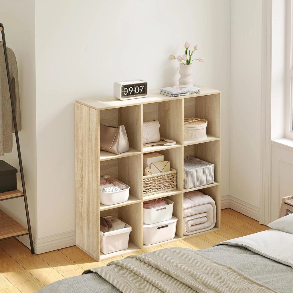 Libreria con 9 Scomparti, Libreria a Giorno, Scaffale a Cubo, Scaffale Divisorio in Piedi, per Ufficio, Soggiorno, Camera da Letto, 94x29,5x93 cm, Rovere Chiaro, SK048hei