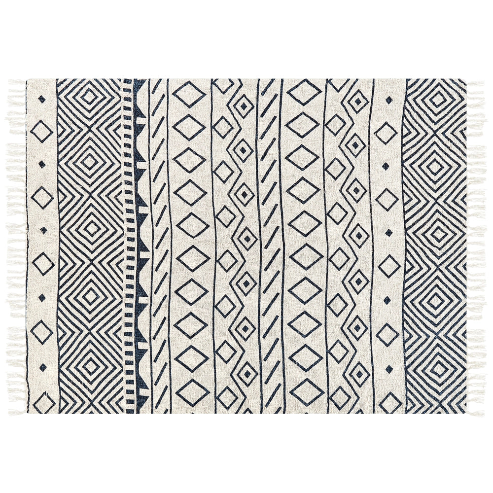 Plaid in cotone fatto a mano con motivo geometrico e nappe beige e blu marino 150 x 200 cm divano camera da letto soggiorno