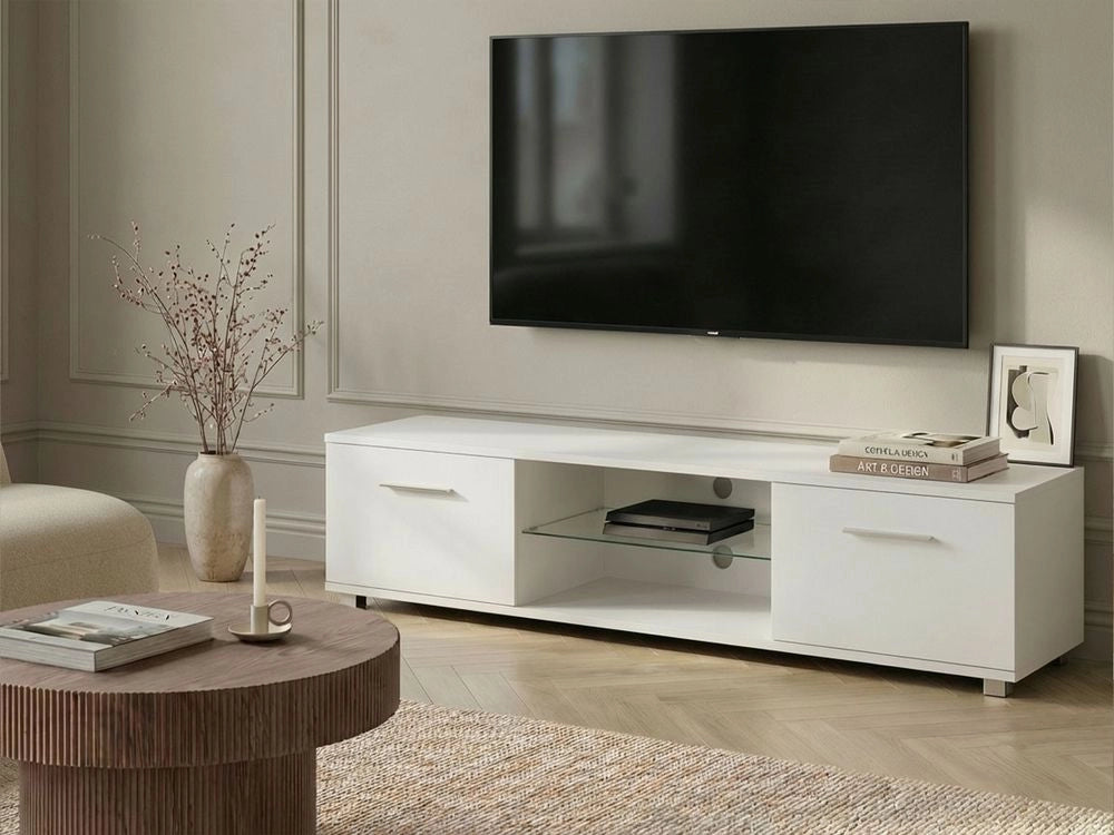 Mobile TV moderno con ante e sistema di gestione dei cavi con LED, gambe in metallo MDF bianco stile moderno