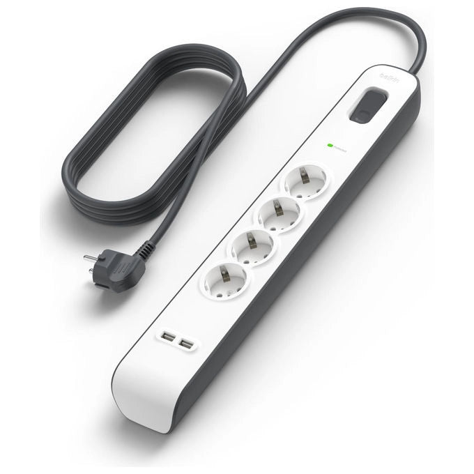 Belkin, Ciabatta Multipresa con USB, 4 Prese, 2 Porte USB-A, Cavo 2 m, Protezione Sovratensioni