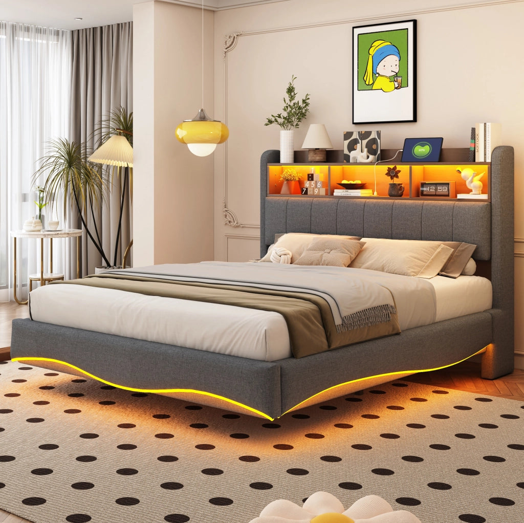 Letto imbottito 140x200 cm sospeso con LED, USB e Type-C grigio