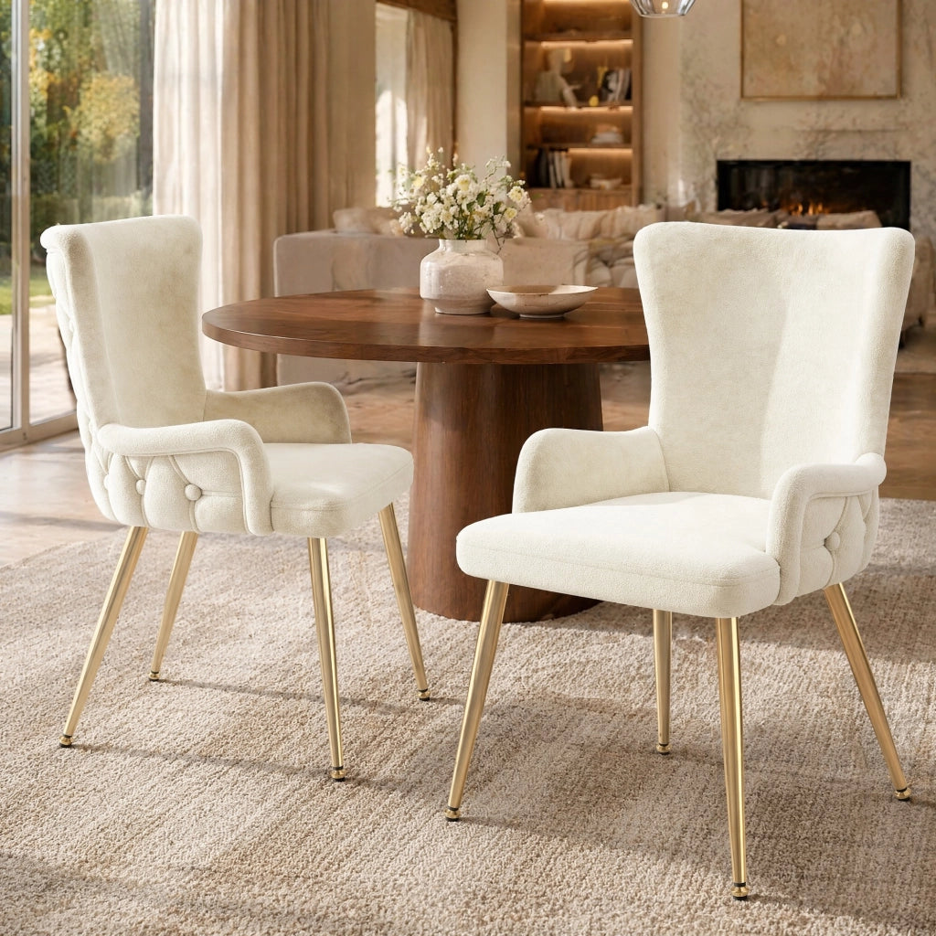 Set 2 sedie da pranzo in velluto beige e oro, sedie moderne con gambe in metallo