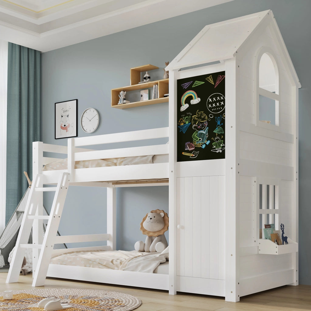 Letto a castello con porta e lavagna in legno massiccio e MDF 90x200 cm