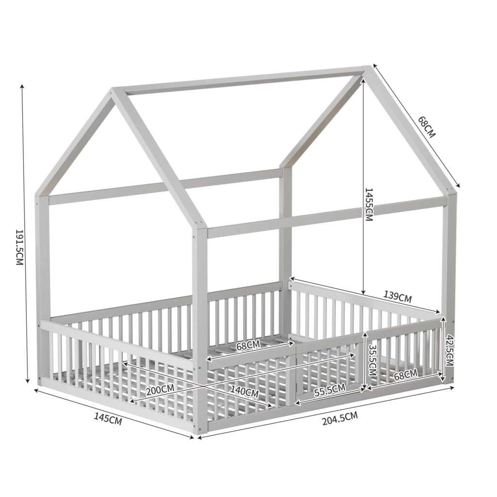 Letto a casetta 140x200 cm con sbarre di sicurezza; legno; bianco