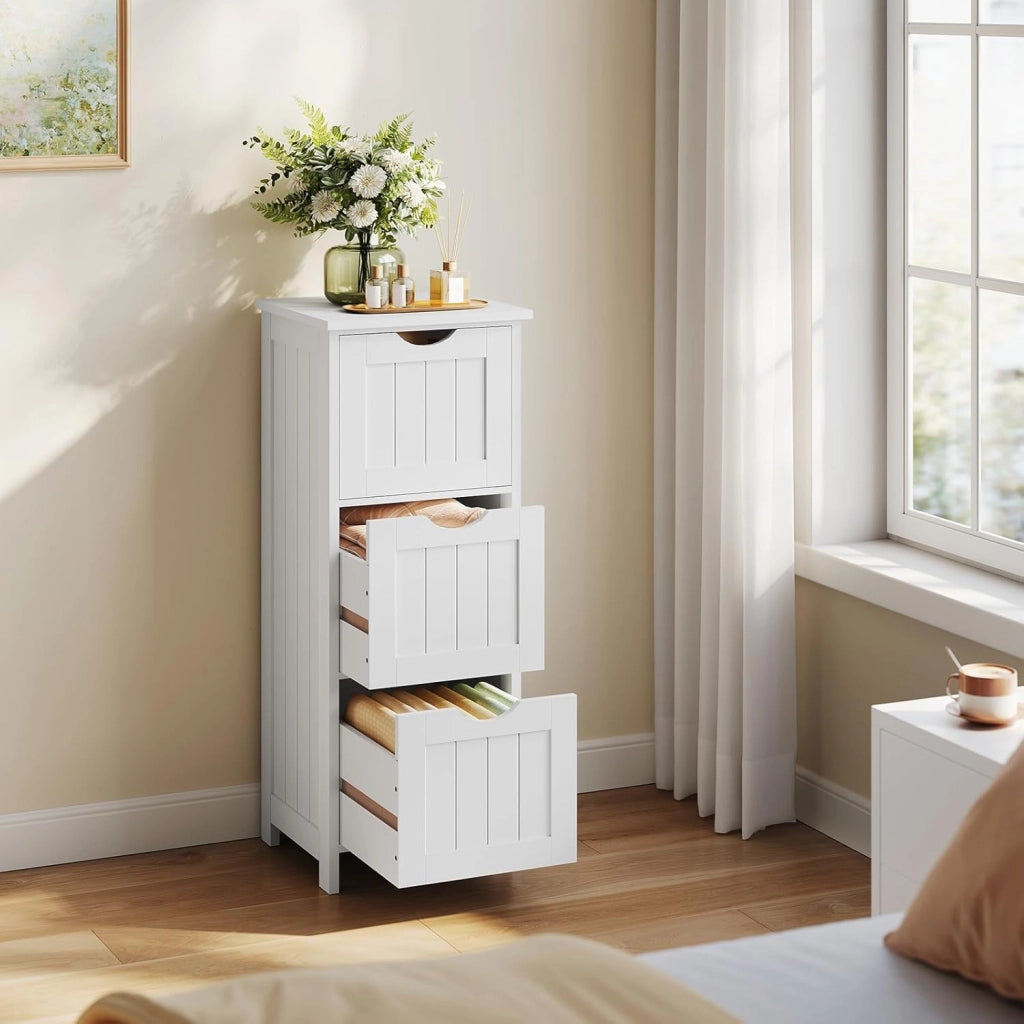 Mobile da Bagno, Mobiletto Bagno Salvaspazio, con 3 Cassetti, 32 x 30 x 81 cm, Armadio Autoportante, per Sala da Pranzo, Cucina, Stile Moderno, Bianco BZS123ws