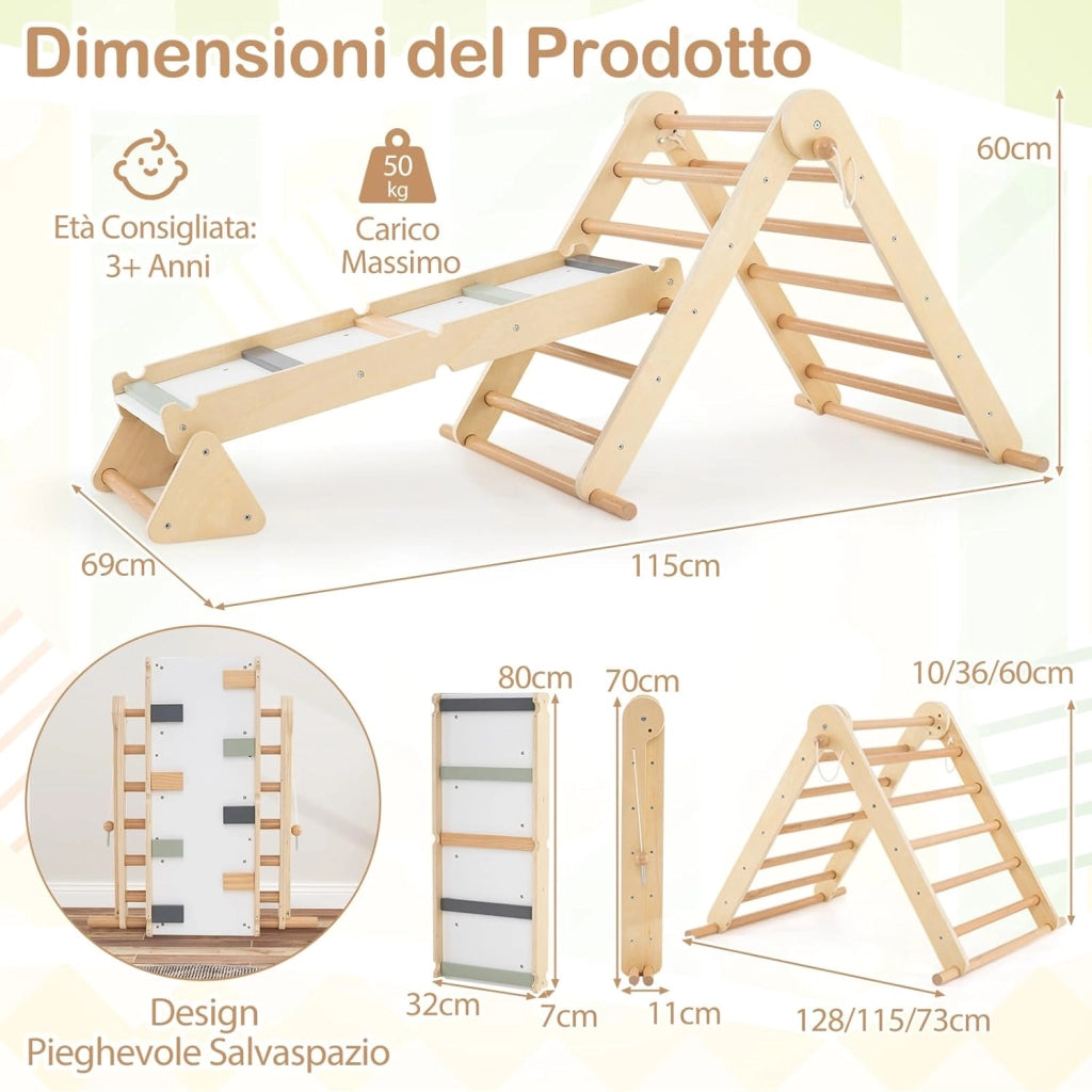 Set di Arrampicata per Bambini 3 in 1, Arrampicata in Legno Pieghevole con Rampetta a Doppia Faccia e Triangolo di Arrampicata Regolabile, Triangolo Montessoriana per Bambini 3+ Anni