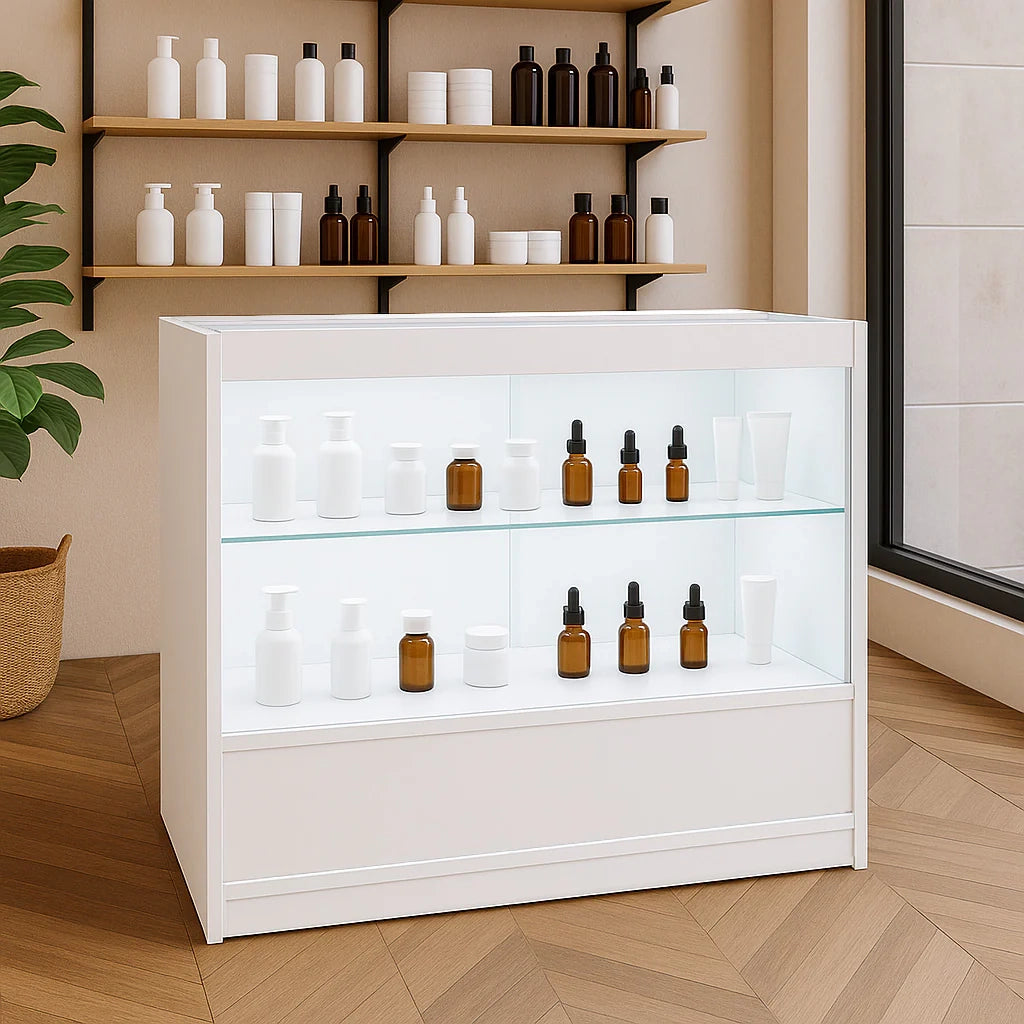 Bancone LED Bianco C900 con Vetrina, Ante Scorrevoli e Ripiani – Bloccabile