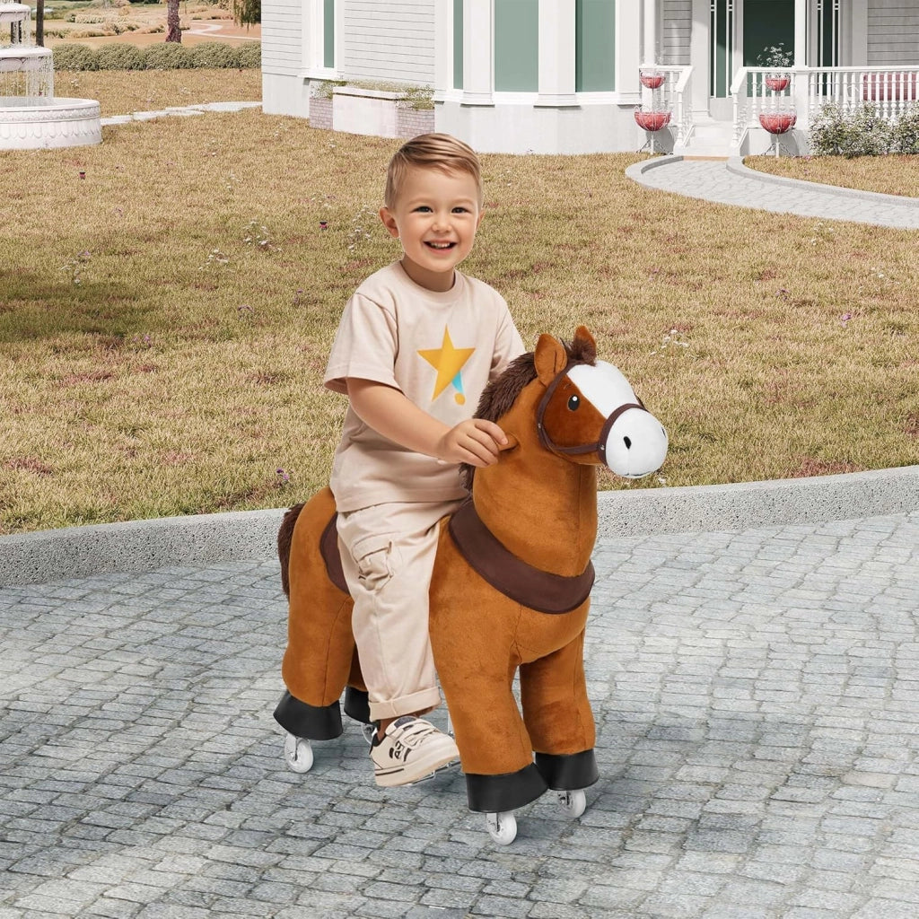 Cavallo a Dondolo su Ruote per Bambini, Cavalluccio Cavalcabile in Peluche con Suoni, per Interni ed Esterni, Giocattolo da 3 Anni, Struttura in Legno e Metallo, Marrone