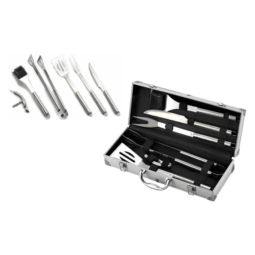 SET ATTREZZI UTENSILI BARBECUE 6PZ ACCIAIO INOX VALIGETTA ALLUMINIO OMPAGRILL 06420