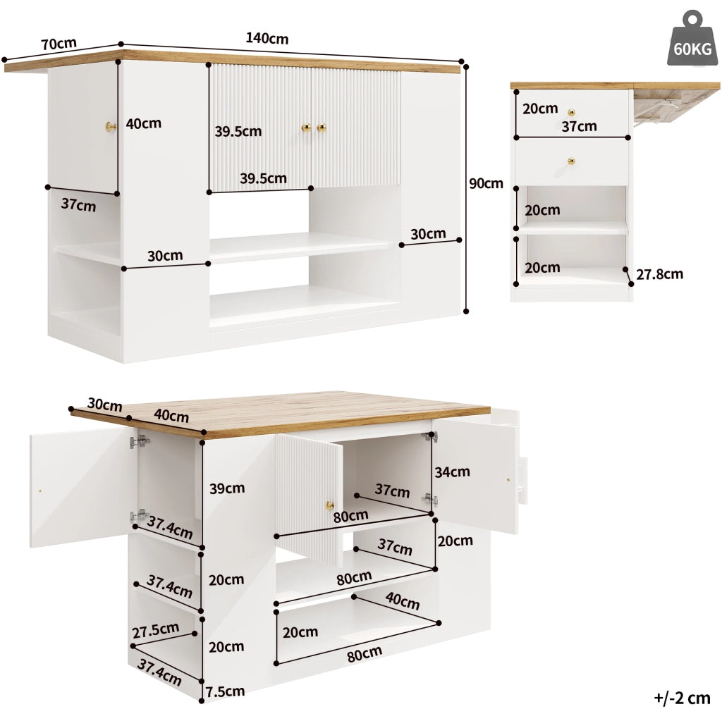 Isola cucina 140x70x90 cm con piano ribaltabile; ampio spazio contenitore in MDF e metallo; bianco
