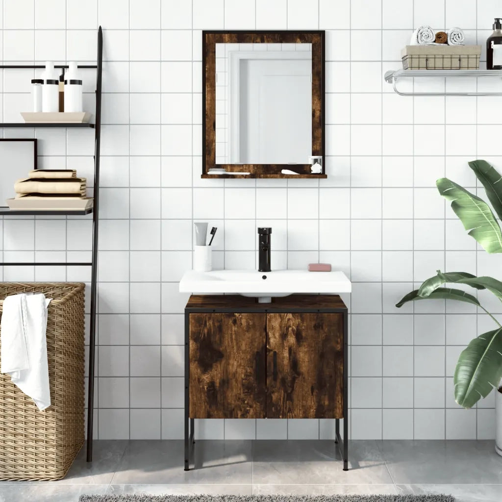 Set Mobili da Bagno | Armadio da bagno 2 pz Rovere Fumo in Legno Multistrato
