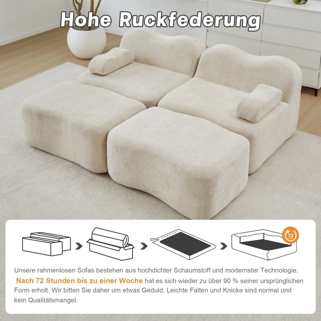 Divano modulare senza struttura con 2 pouf e seduta profonda in velluto beige antiscivolo per soggiorno