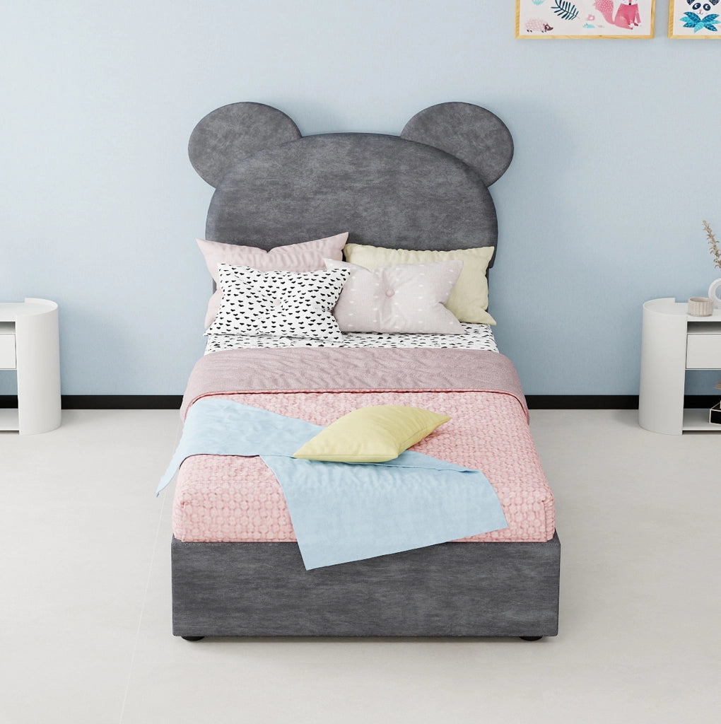 Letto imbottito 90x200 cm con testiera cartoon e contenitore a sollevamento, grigio