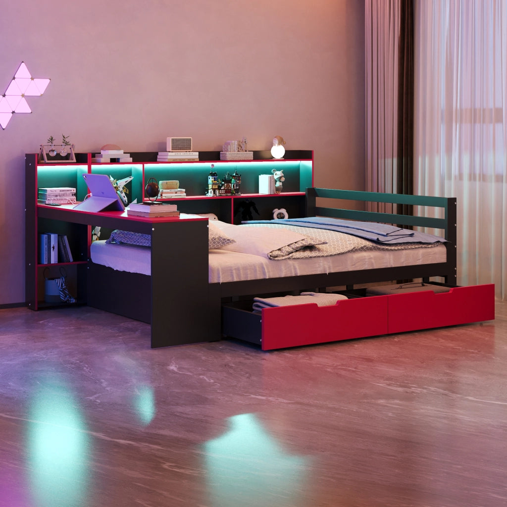 OKWISH Letto Combinato 140×200 cm, Letto Matrimoniale con Scrivania, Libreria, Mensole, LED, USB, 2 Cassetti, senza Materasso, Nero e Rosso