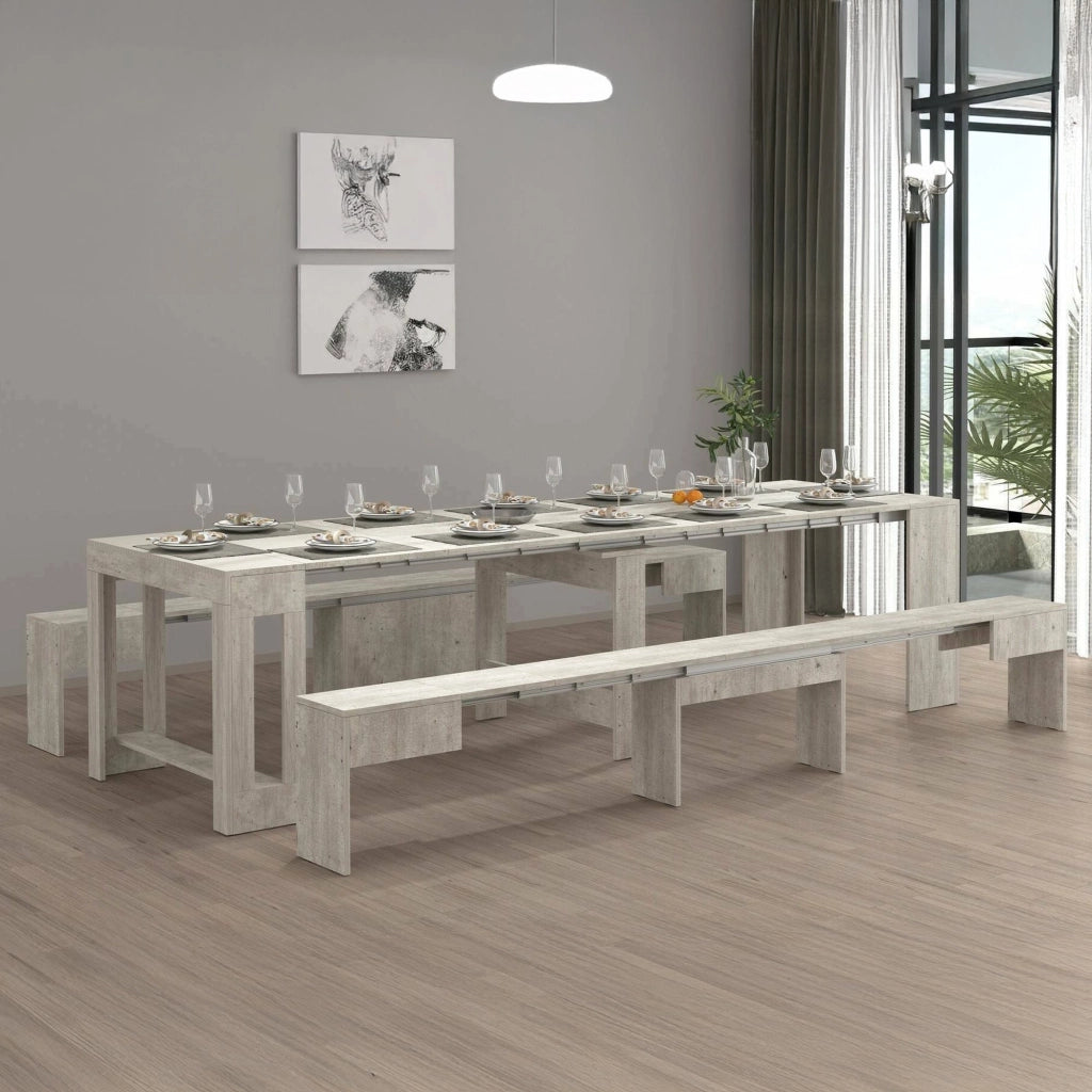 Set tavolo e sedie Auditore, Composizione multiuso, Set con consolle e 2 panche allungabili, 100% Made in Italy, 66x25h45 cm, Cemento