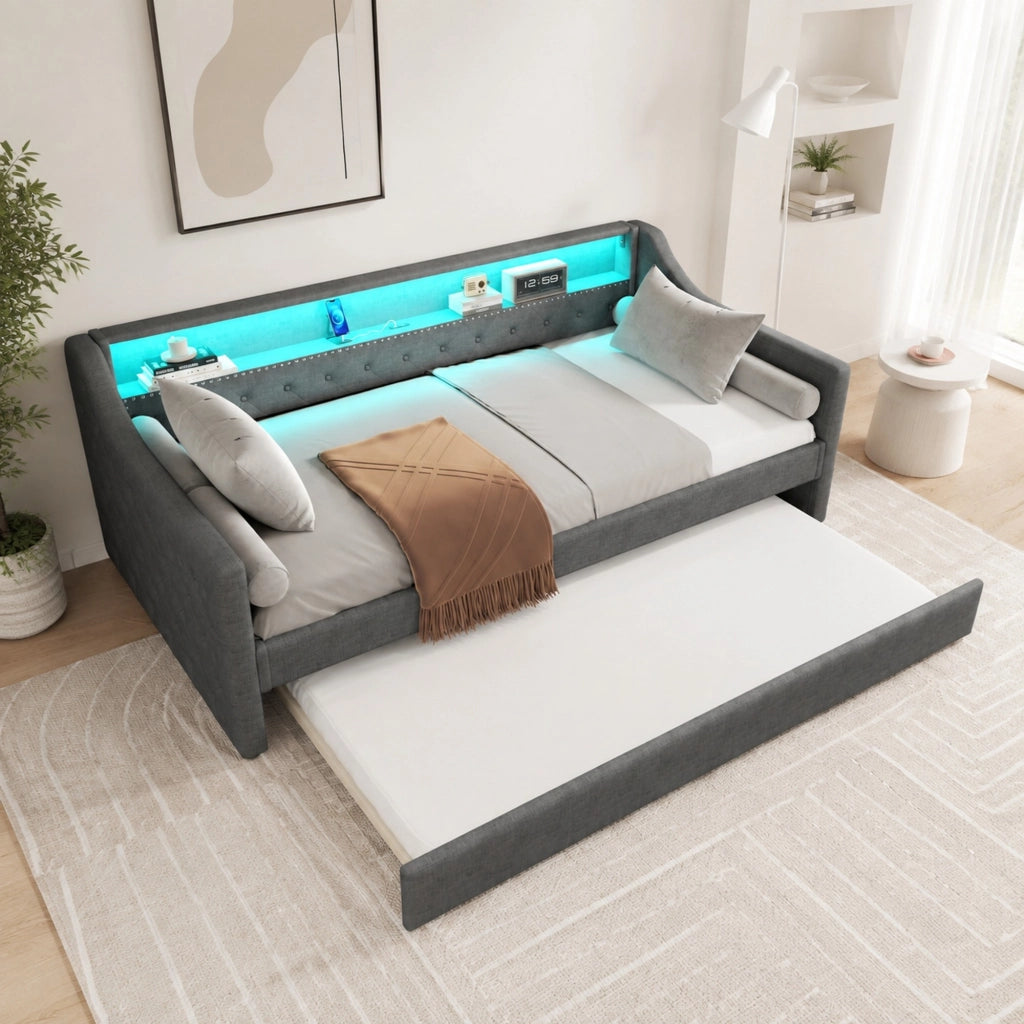 Letto daybed 90x200 cm con rete a doghe, letto estraibile, LED e USB, grigio