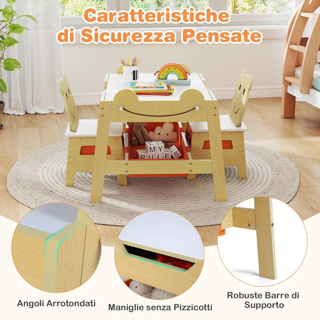 Set Tavolo e 2 Sedie per Bambini, 5 in 1 Tavolino e Sedie con 4 Ganci, 3 Scatole in Tessuto e Lavagna Reversibile per Bambini 3+ Anni per Cameretta Ragazzi (Naturale, Stile 5)