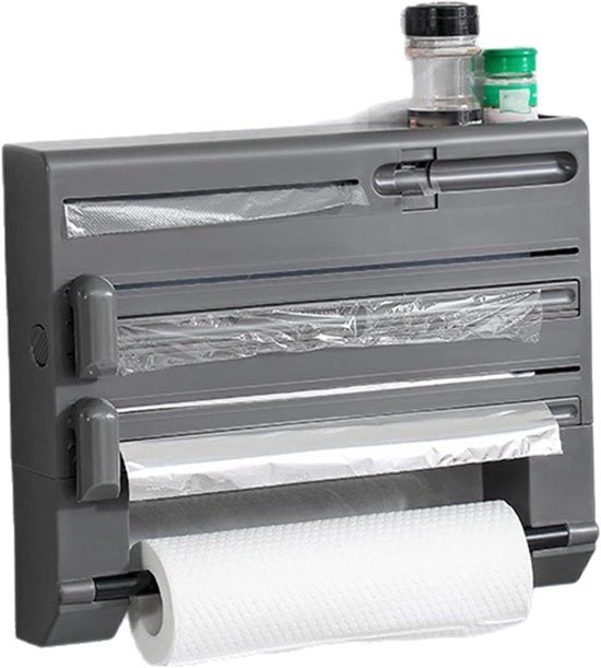 Rack di stoccaggio per carta per alimenti e carta di imballo, multifunzionale, facile da utilizzare, fissaggio al muro, con contenitore per carta da cucina.