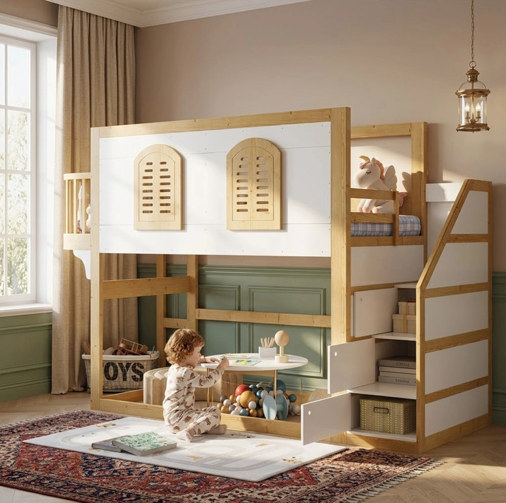 Letto a soppalco per bambini 90x200 cm bianco e naturale