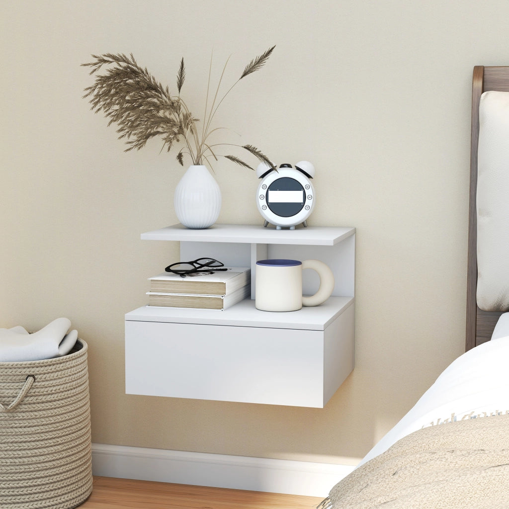 Comodino a sospensione con cassetto e ripiano aperto ¨C zephmum ¨C Bianco, 39.8x35x31.6 cm