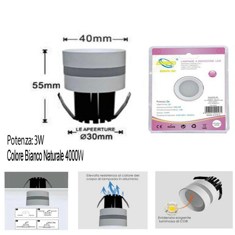 MINI FARETTO LED 3W SOFFITTO TONDO INCASSO MOLLA 4CM LED BIANCO NATURALE 4000K