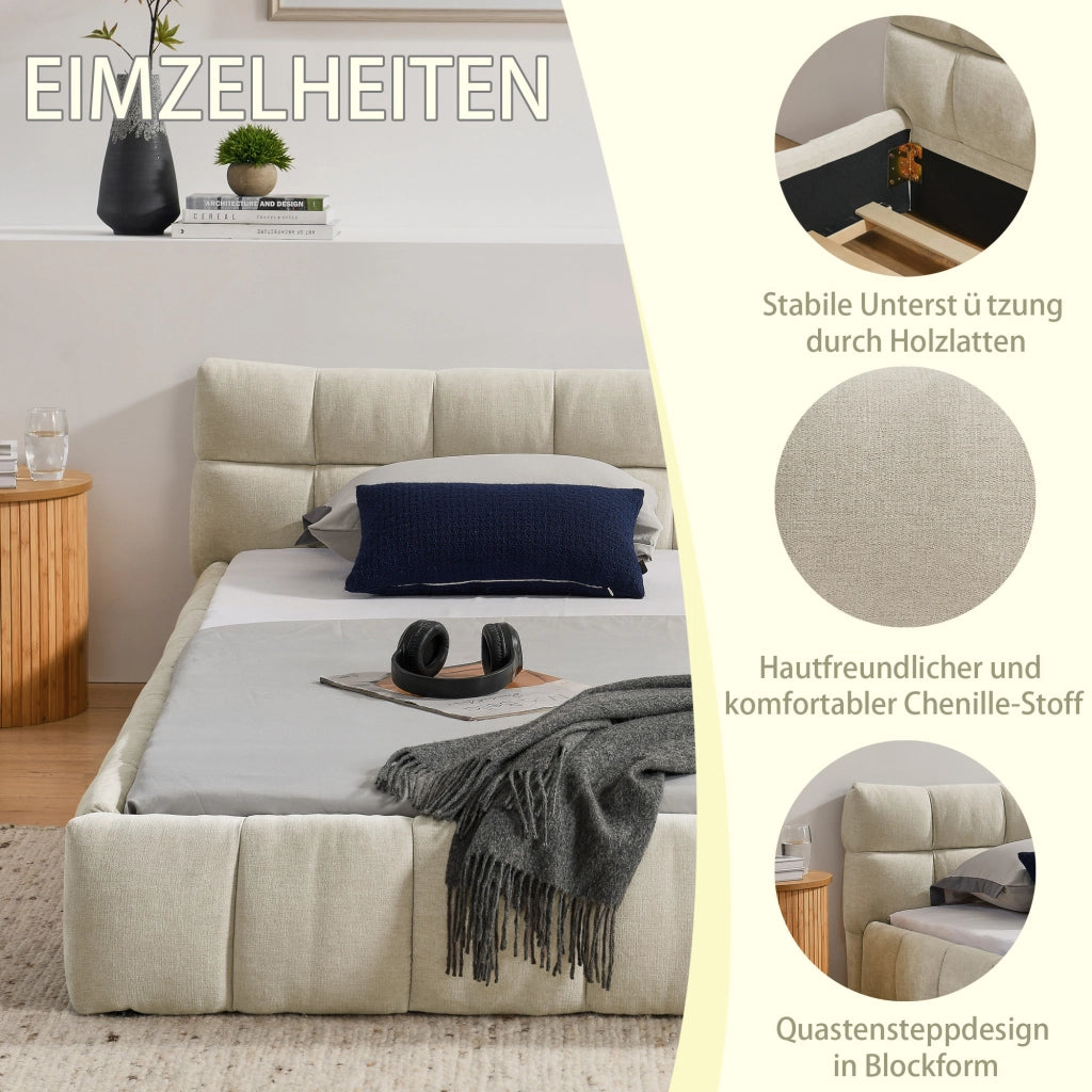 Letto Singolo 90x200 cm in Chenille; con Trapuntatura Quadrata; in Legno e Ferro; Beige