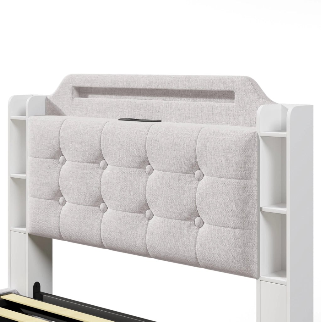 Letto imbottito 140x200 cm con LED; contenitore idraulico; USB Type-C; beige