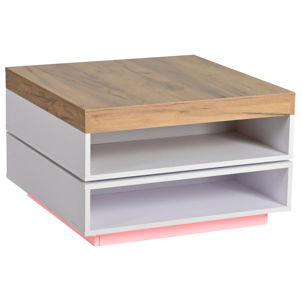 Tavolino da caffè 65x65x40 cm con piano girevole a 360° e LED; MDF; bianco e naturale