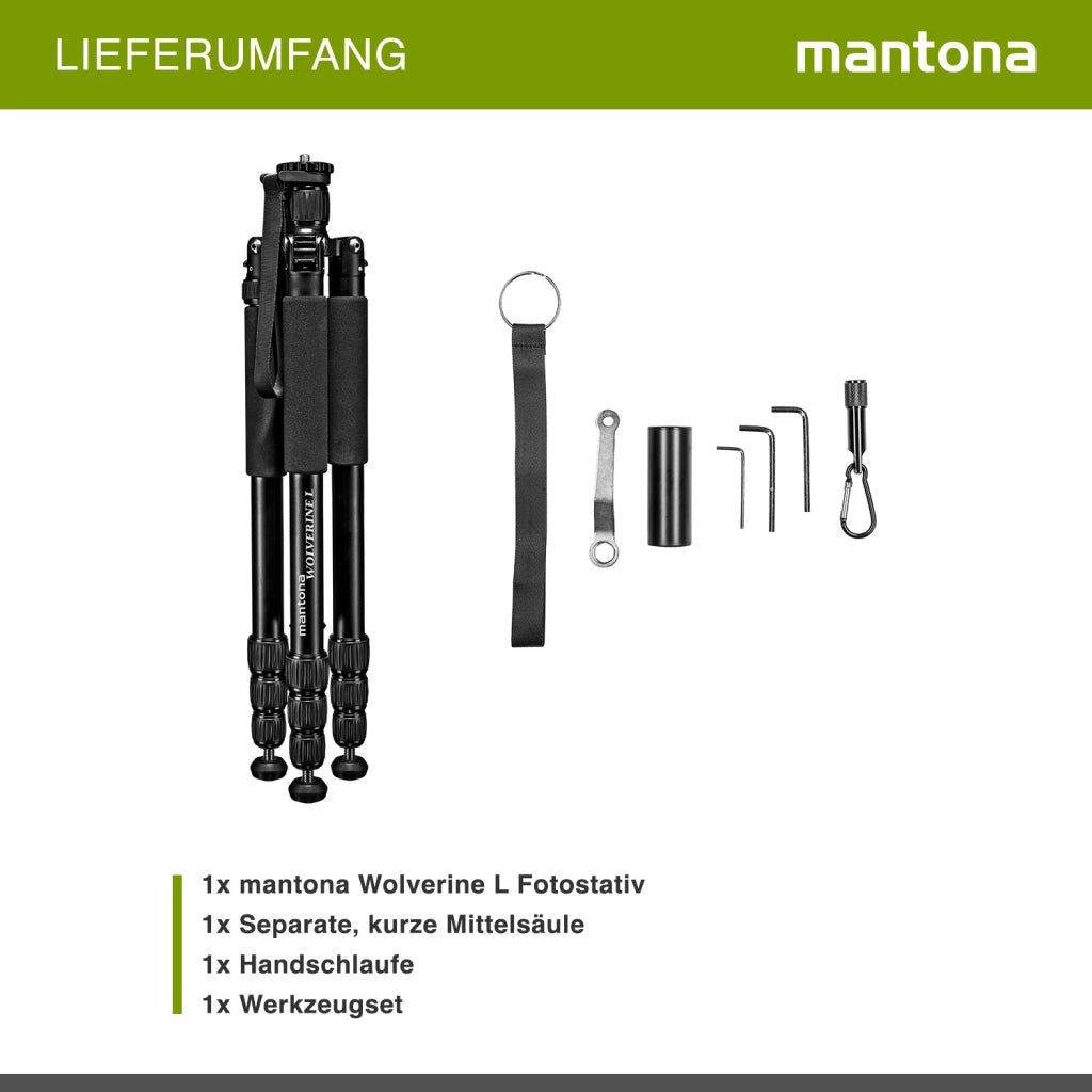 Mantona Wolverine L 284 treppiede per fotocamera in alluminio, cavalletto fino a 15 kg, altezza regolabile fino a 166 cm, punte, livella a bolla, lampada LED, utilizzabile anche come monopiede