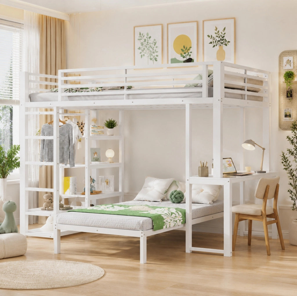 Letto a soppalco 90x200 cm con scrivania; 4 ripiani e vano abiti; MDF e metallo; bianco
