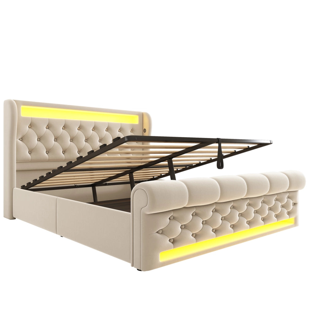 Letto imbottito 140x200 cm in velluto con LED; USB Type-C e materasso incluso; beige