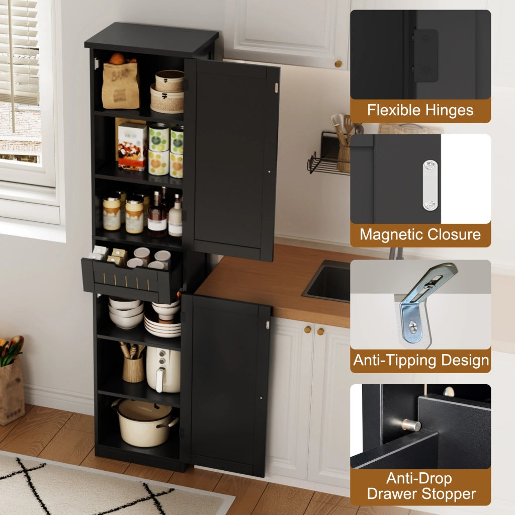 Dispensa alta con 4 ripiani regolabili e 2 ante, stile retrò, per cucina e soggiorno, in MDF, nero, 40 × 30 × 170 cm