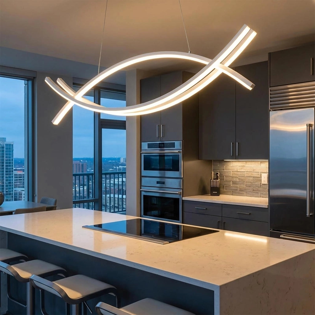 Lampadario Stilizzato Sospensione Moderna LED 42W CCT Lampada Curva Elegante Pendente Bianco Luce Tavolo Cucina Soggiorno Salotto