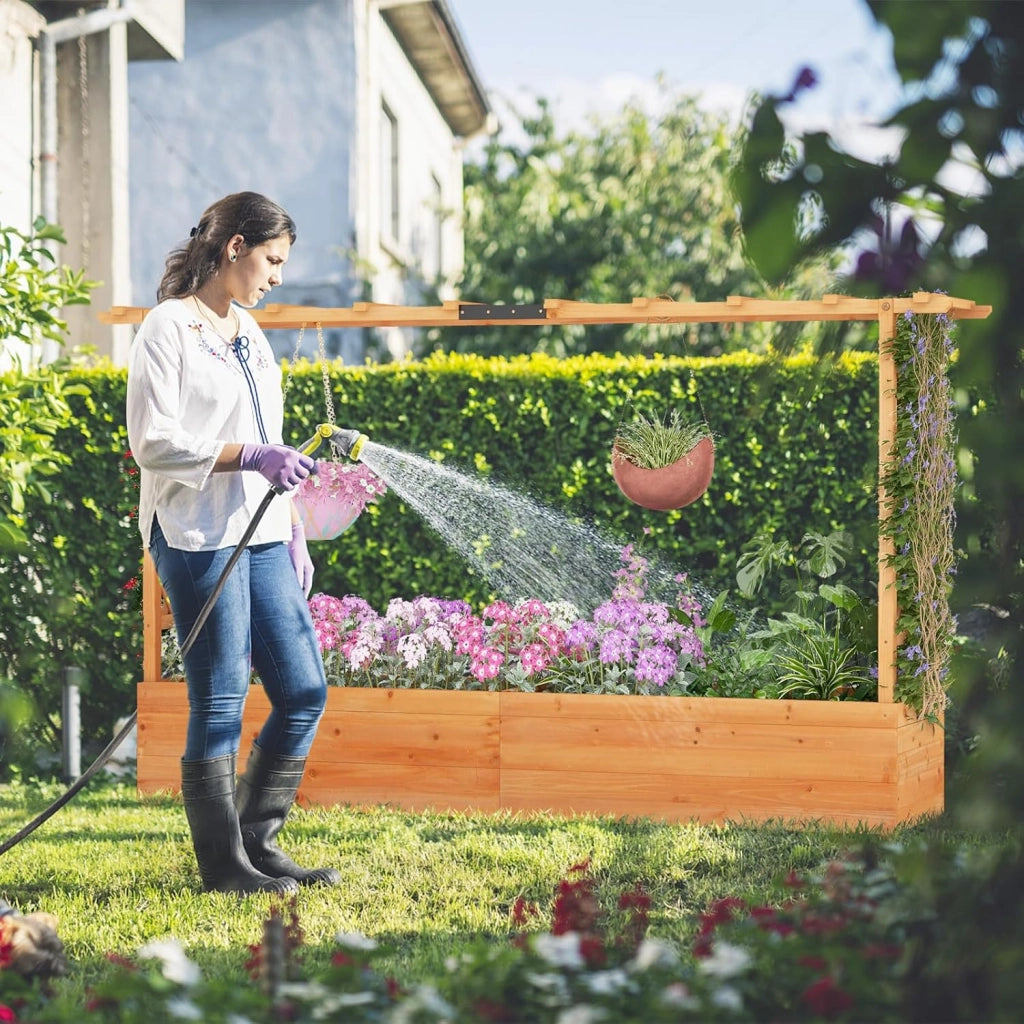 Fioriera Rialzata con Grigliato, Aiuola Rialzata con Traliccio per Piante Rampicanti e Fori di Drenaggio, Orto Elevato da Giardino, Terrazzo e Cortile (Arancione, 200 x 44 x 114 cm)