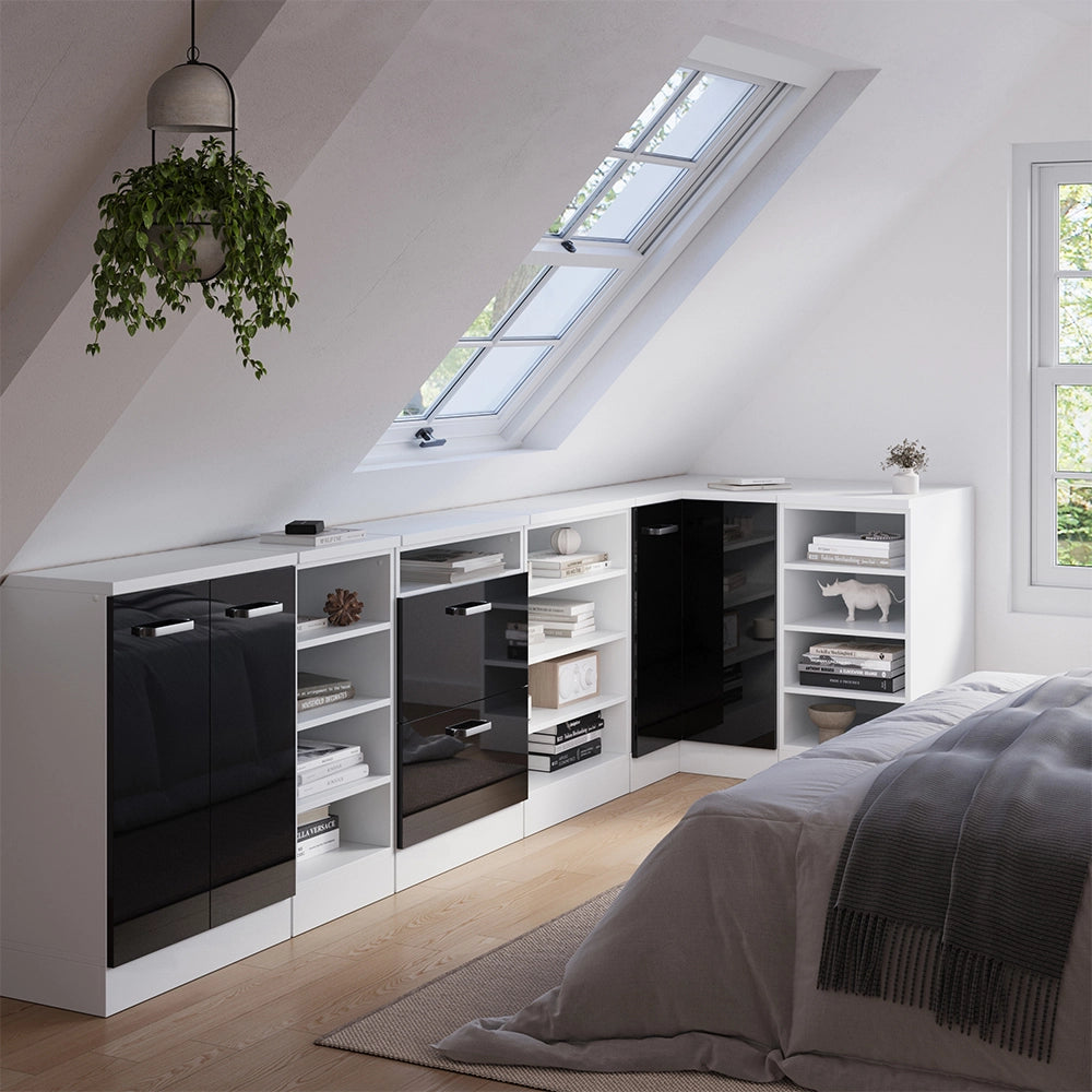 Mobile cucina angolare per sottotetto R-Line Nero lucido/Bianco 75.6 cm con 1 porta, carcassa dell’armadio profondità 60 cm Vicco