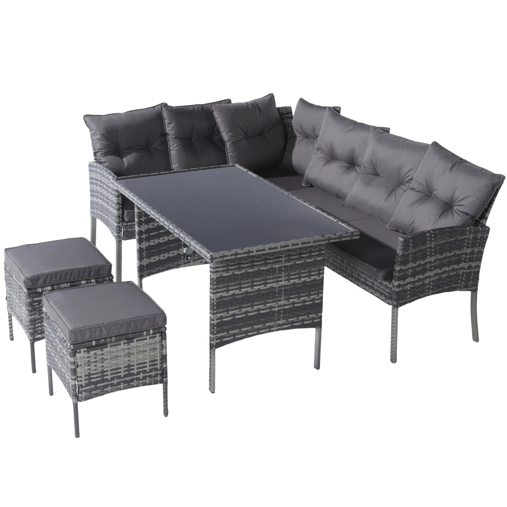Set salotto polyrattan 7 persone: Divanooo + tavolo + sgabello + cuscini; tessuto sfoderabile lavabile; grigio