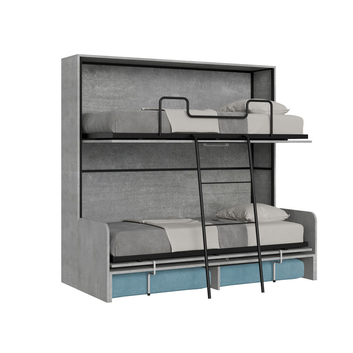 Letto Doppio A Scomparsa Kando Con Divano Con Materassi Cemento e Azzurro