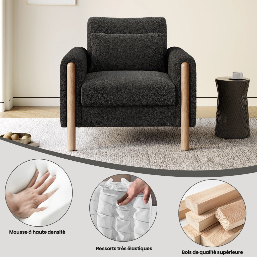 Poltrona lounge monoposto in teddy con cuscino spesso e struttura in legno massello, per soggiorno, grigio scuro