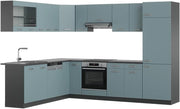 Cucina angolare completa R-Line, Blu-grigio/antracite, 287 x 46 cm senza piano di lavoro, per l'espansione personalizzata con moduli aggiuntivi compatibili