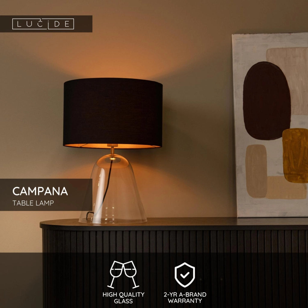 Lampada da tavolo CAMPANA 1xE27 vetro nero trasparente