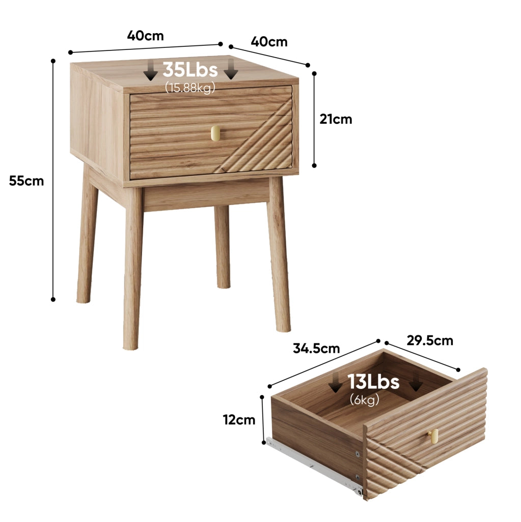 Comodino color rovere con 2 cassetti, 40 x 40 x 55 cm