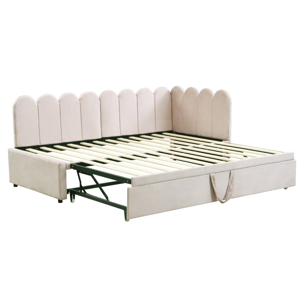 Divano letto L-shaped 90x200 cm in velluto con letto estraibile; beige
