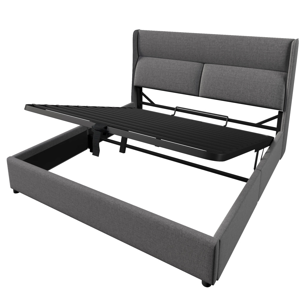 OKWISH Letto Contenitore 140×200 cm, Letto Matrimoniale con Testiera Regolabile, Vano Contenitore e Rete in Metallo, senza Materasso, Lino, Grigio