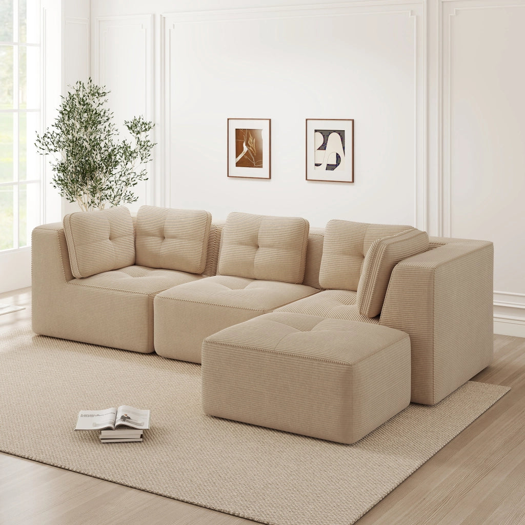 Divano angolare modulare componibile senza montaggio con seduta profonda e braccioli larghi in velluto a coste beige