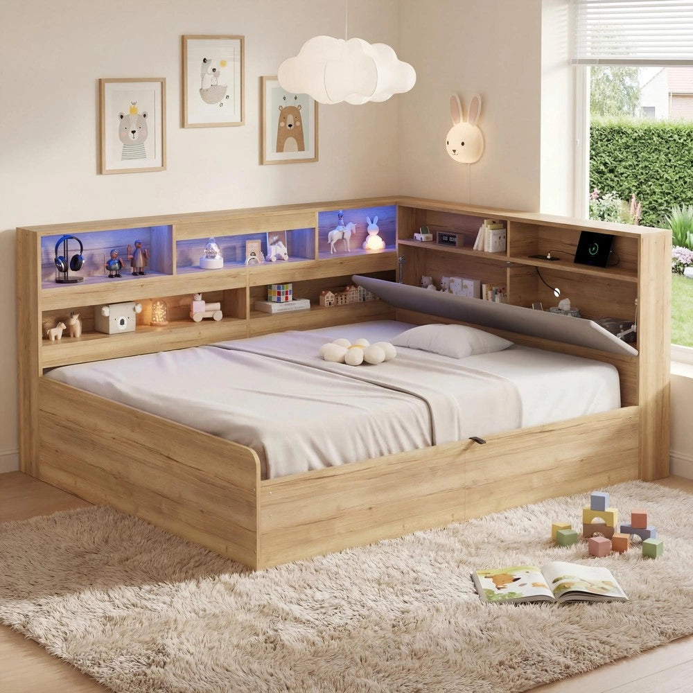 Letto Contenitore Singolo Xylo ¨C 140x200 ¨C Legno Naturale con LED e USB